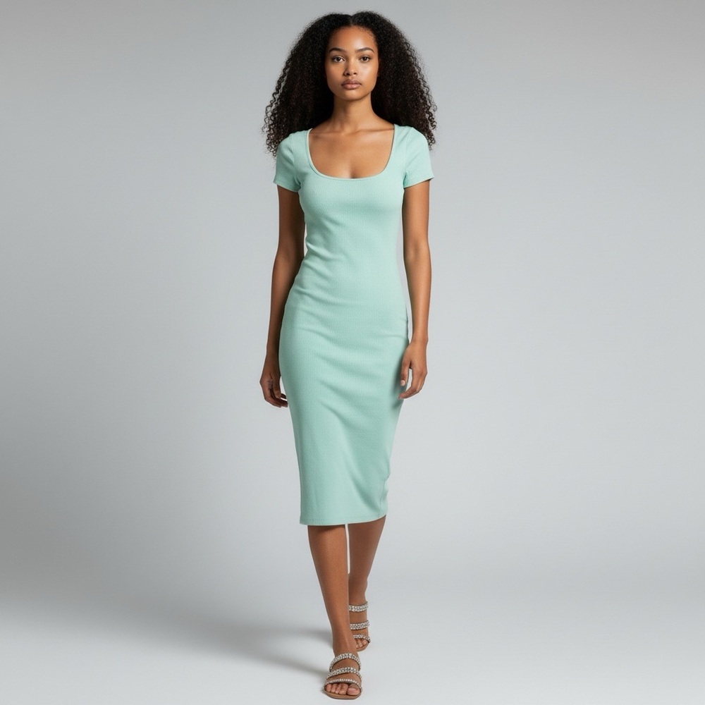 NWT GUESS Cap Sleeve Charlotte Bodycon Ribbed Dress M Aqua Ice Mint Green *READ - Picture 3 of 12